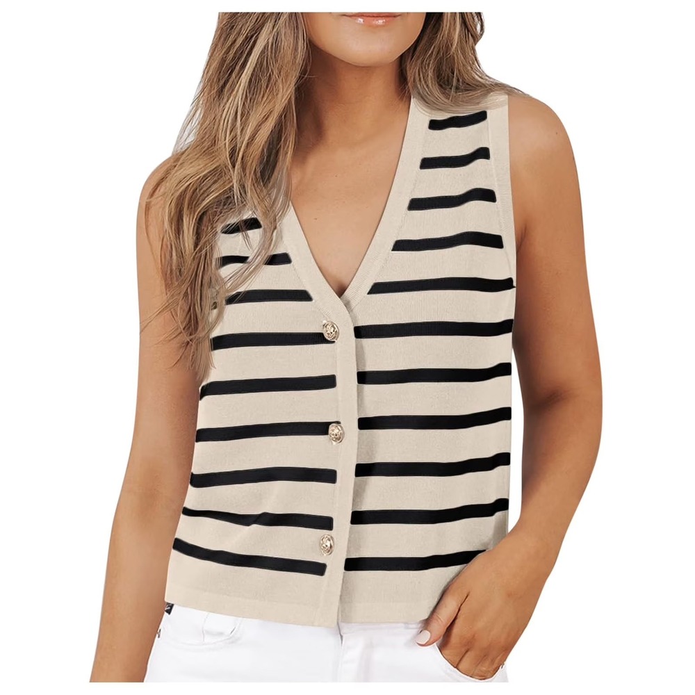 Sweater‎ Knit Vest Womens S Gold Button Black Striped Preppy Cardigan LILLUSORY